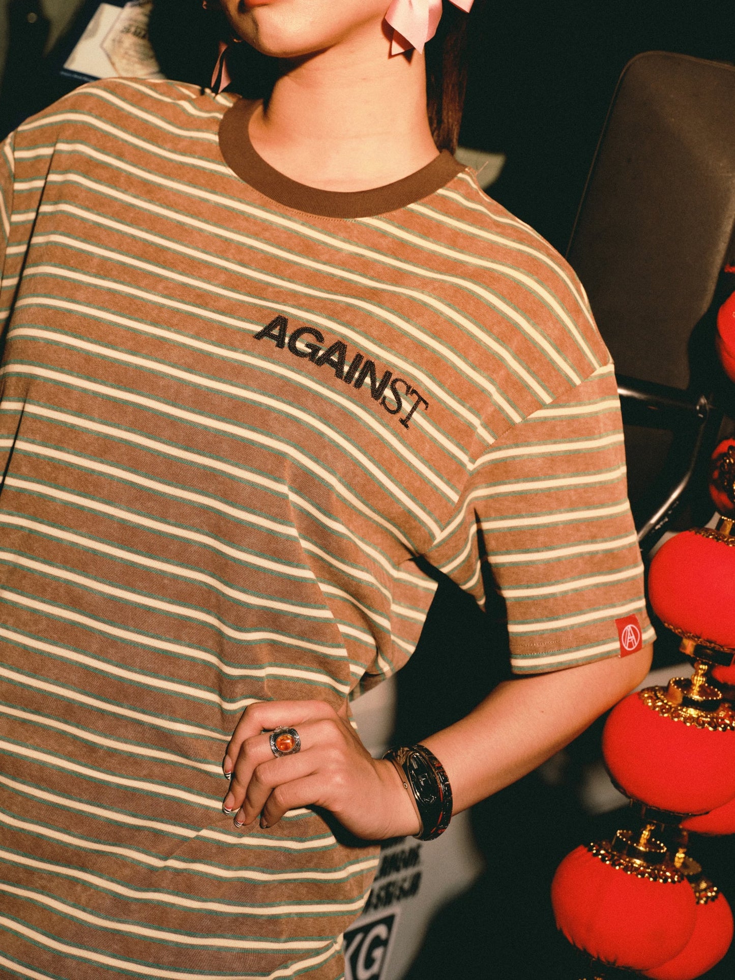 CHAINSTITCH STRIPE TEE BROWN