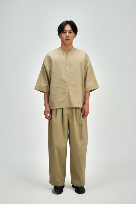 Gender Neutral Collarless Half-Zipper Shirt (Beige)