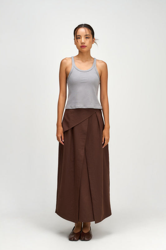 Waist Bandeu Pleated Skirt – Plus Long (Brown)