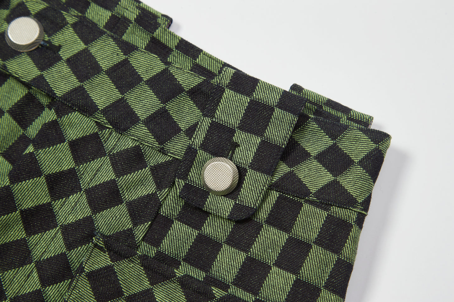 Chequerboard Kojima Denim Trousers (Moss Green & Coal Black Checks)
