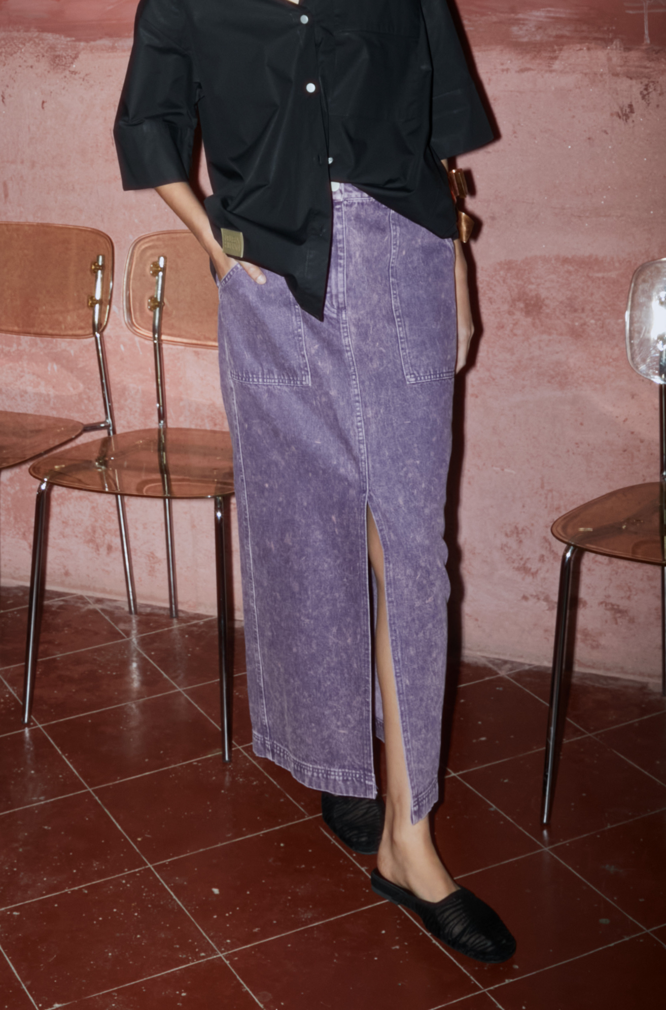 Front-Slit Denim Midi Skirts (Purple)