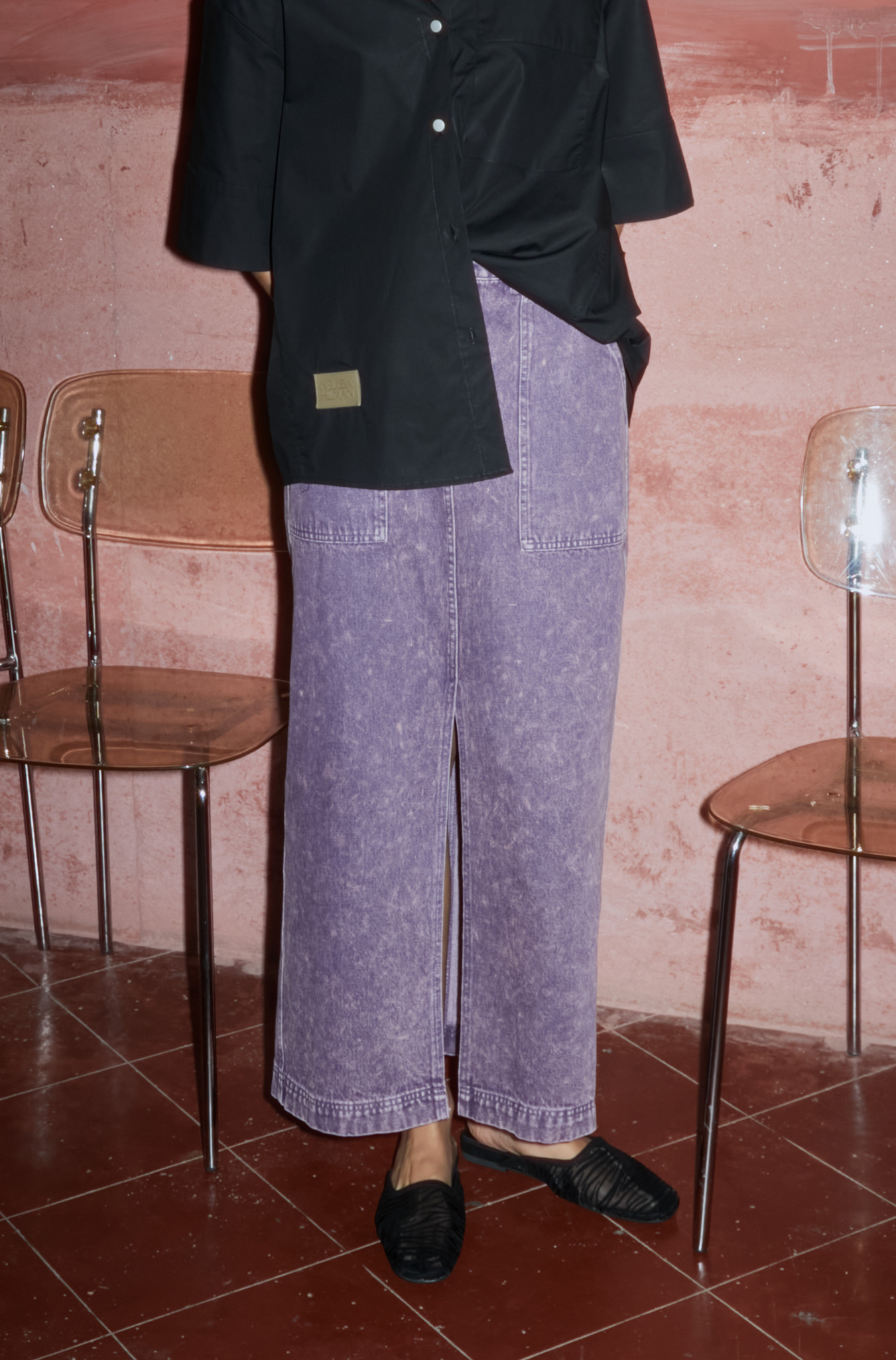 Front-Slit Denim Midi Skirts (Purple)