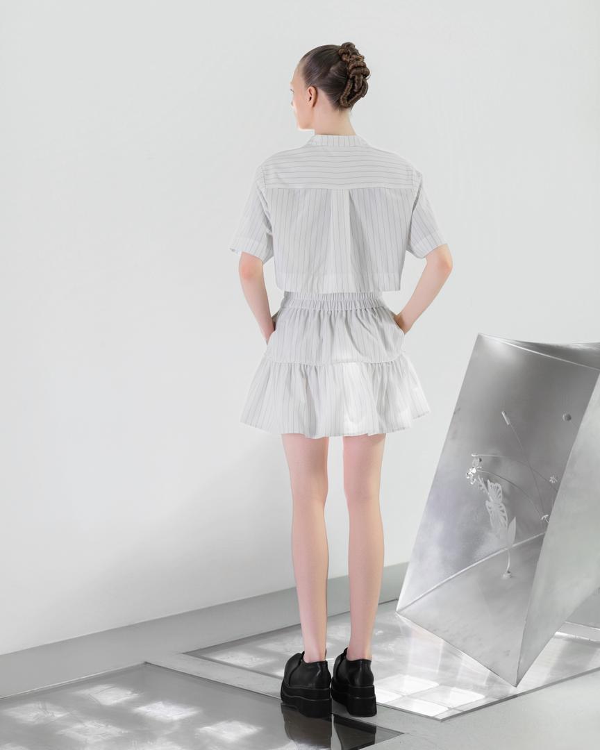 NOIZ N8TPK1 Asymmetrical Diagonal-Cropped Stand-Collar Top - Stripe