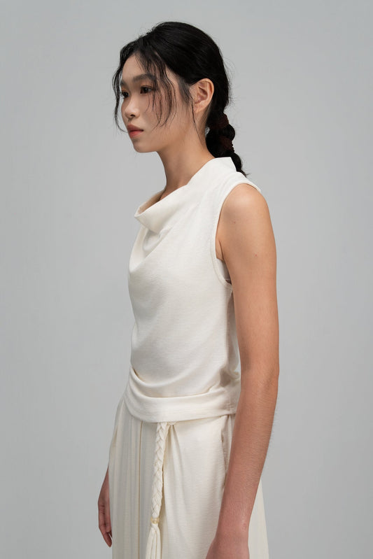 Snow Knit High Drape Neck Tank Top (White)