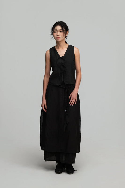 Dual-Layer Skirt w/ Braided Belt (Black) - BEV C multi label store