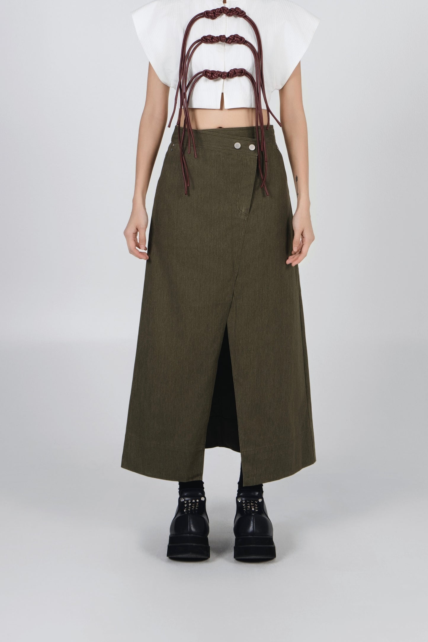 NOIZ N6SK2 A-LINE LOW-WAISTED DENIM SKIRT MOSS GREEN