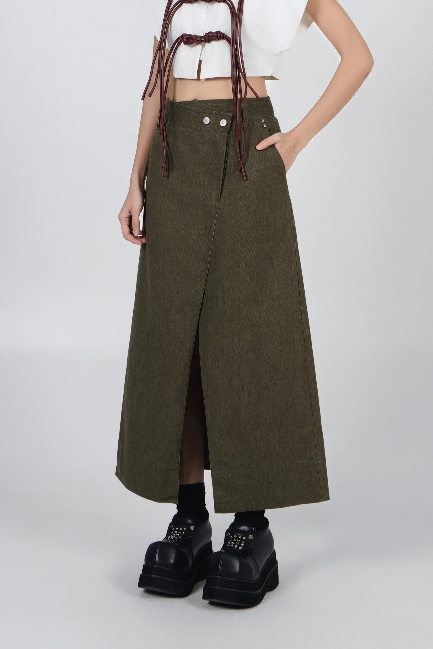NOIZ N6SK2 A-LINE LOW-WAISTED DENIM SKIRT MOSS GREEN