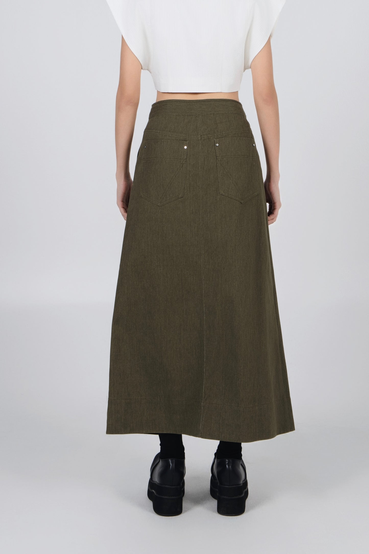 NOIZ N6SK2 A-LINE LOW-WAISTED DENIM SKIRT MOSS GREEN