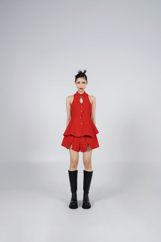 CNY SHANI CHINESE COLLAR METAL CLASP HOLLOW TOP - RED