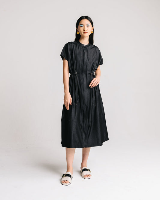Drawstring Midi Dress (Black Denim)