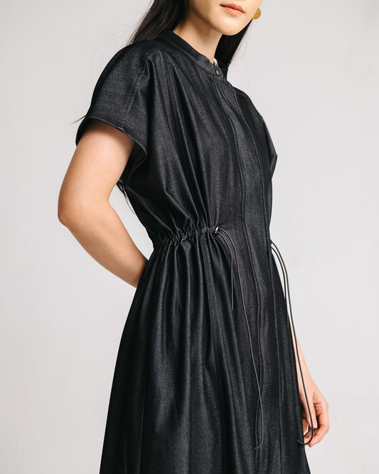 Drawstring Midi Dress (Black Denim)