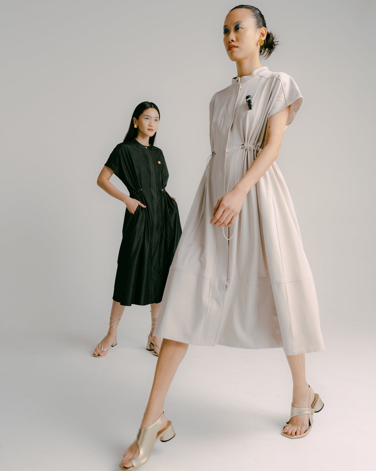 Drawstring Midi Dress (Beige Denim)