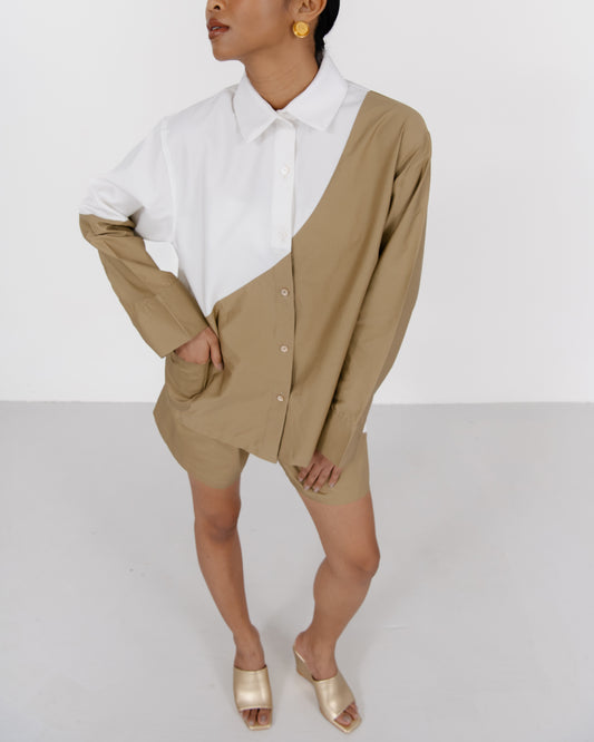 SF X NH Bicolour Long Sleeve Shirt - Khaki / White