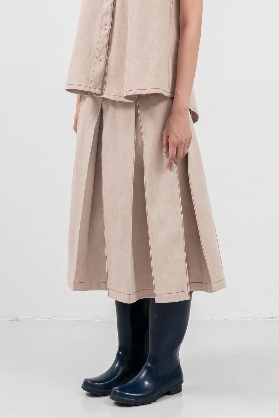 Pleated Denim Skirt - Beige