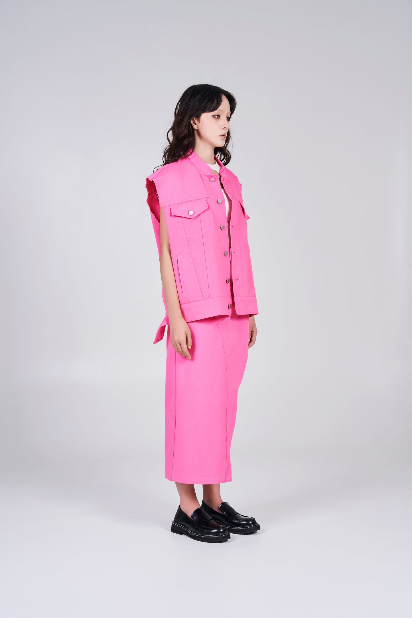 NOIZ N4JK1 OVERSIZED BUTTON FRONT DENIM VEST - PINK