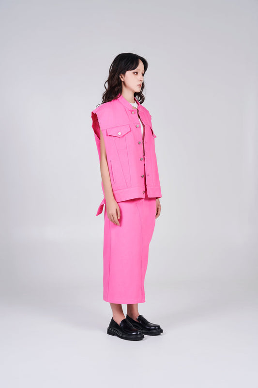 NOIZ N4JK1 OVERSIZED BUTTON FRONT DENIM VEST - PINK