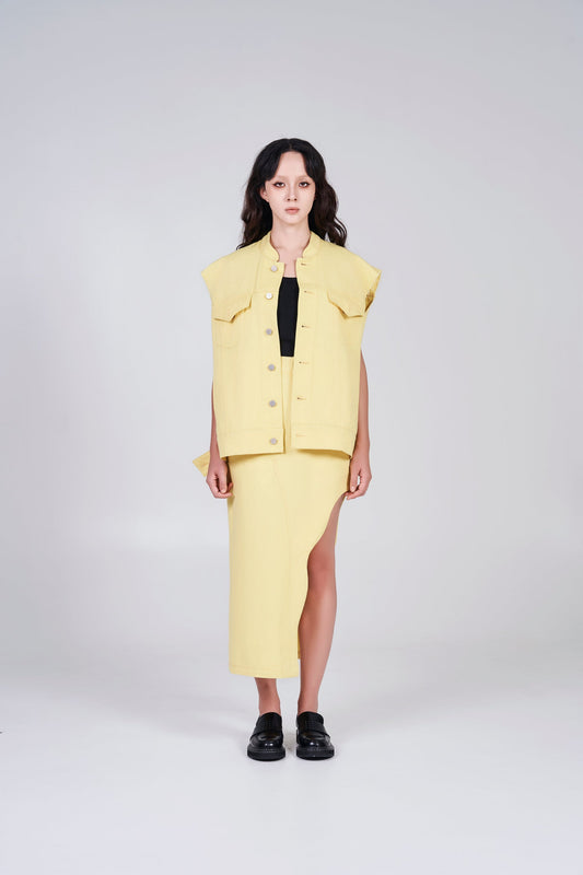 NOIZ N4JK1 OVERSIZED BUTTON FRONT DENIM VEST - YELLOW