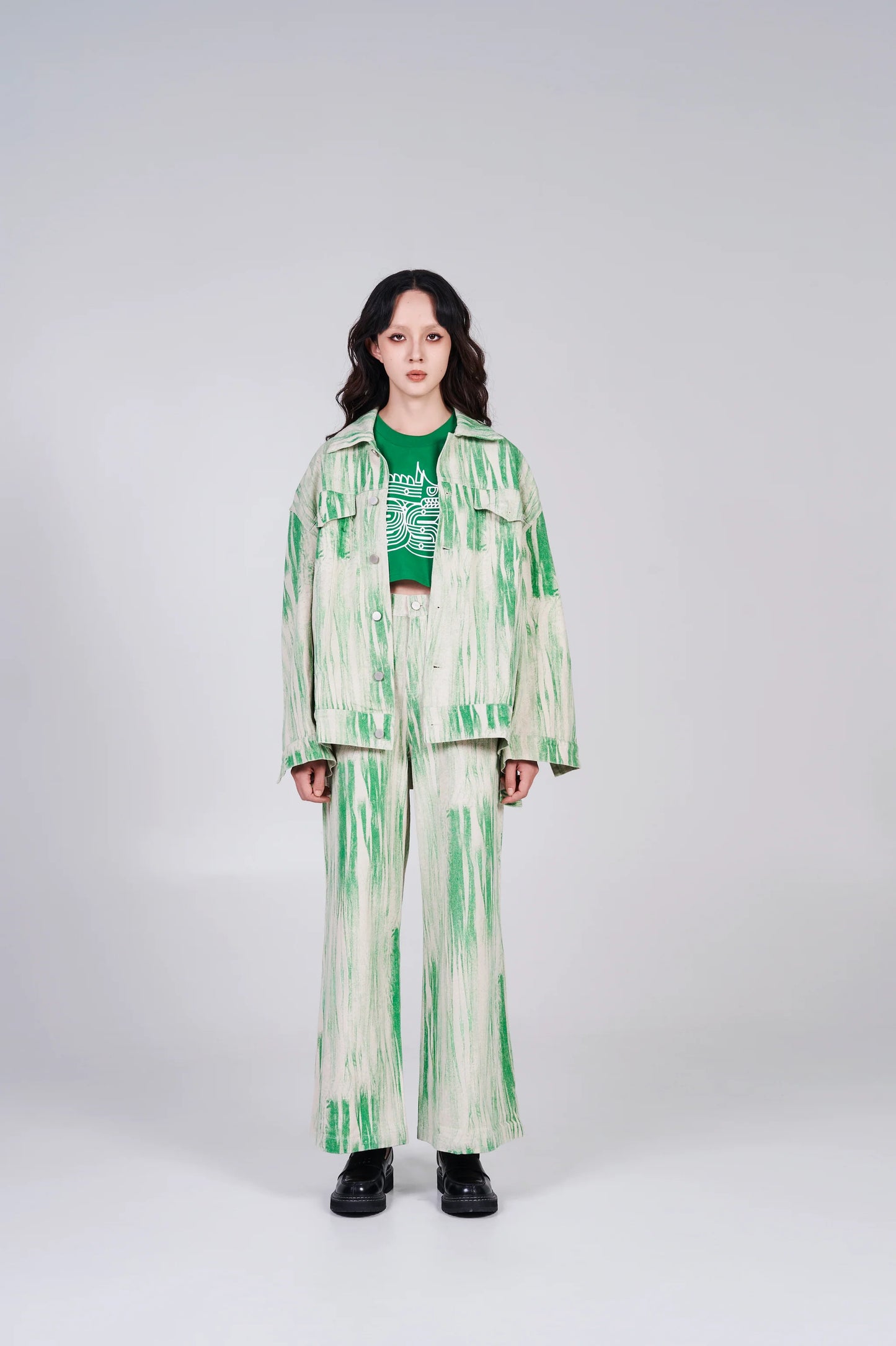 NOIZ N4JK2 OVERSIZED LOGO DISTORTED PRINT DENIM JACKET - GREEN