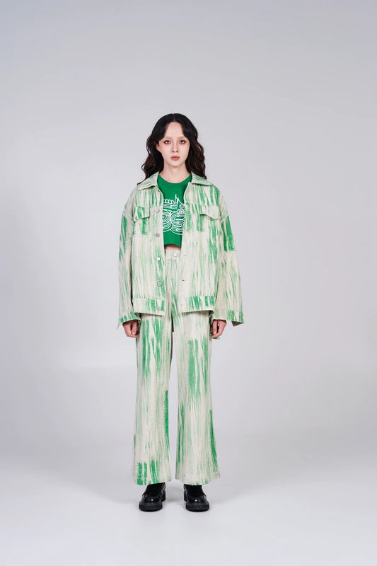 NOIZ N4JK2 OVERSIZED LOGO DISTORTED PRINT DENIM JACKET - GREEN