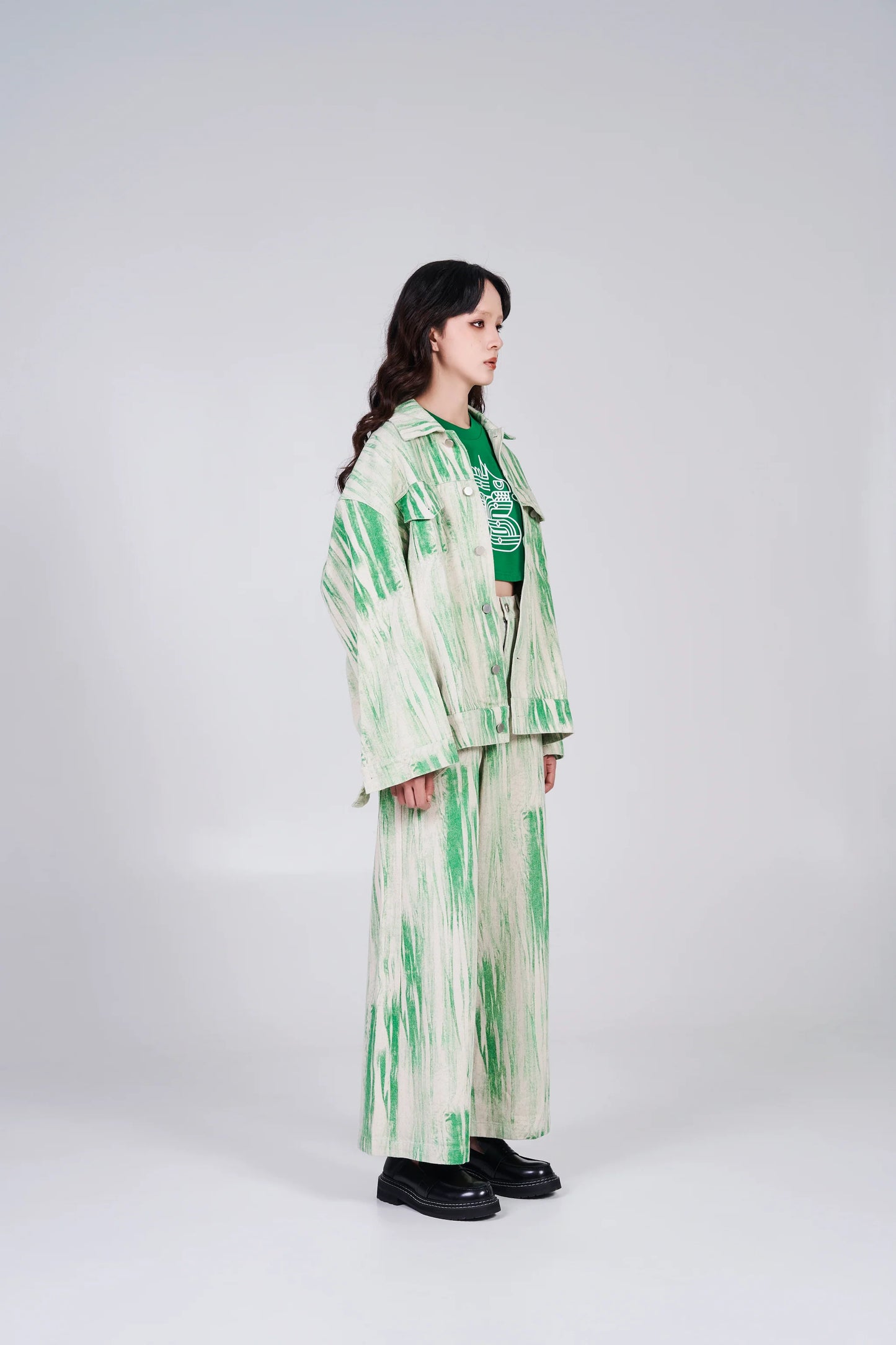 NOIZ N4JK2 OVERSIZED LOGO DISTORTED PRINT DENIM JACKET - GREEN