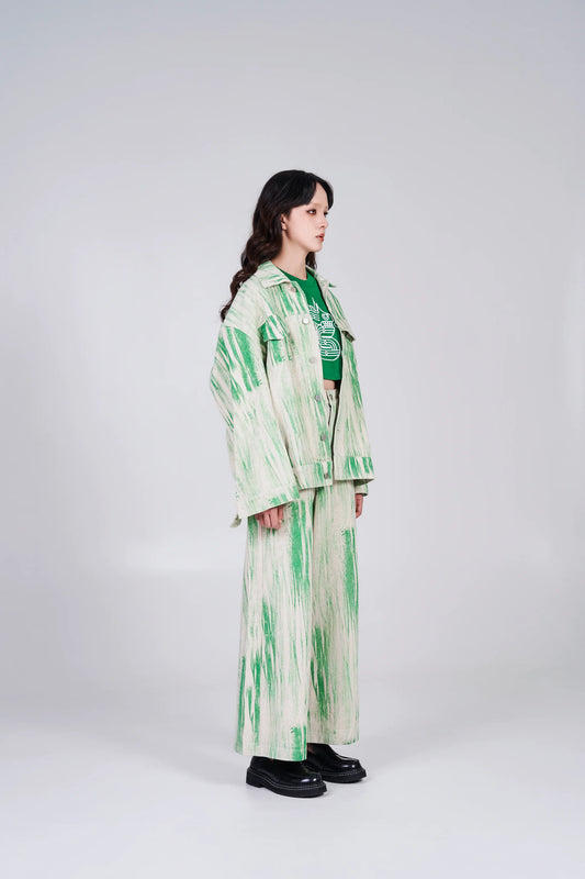 NOIZ N4JK2 OVERSIZED LOGO DISTORTED PRINT DENIM JACKET - GREEN