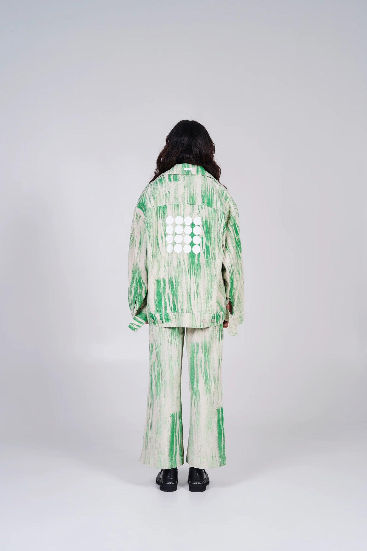 NOIZ N4JK2 OVERSIZED LOGO DISTORTED PRINT DENIM JACKET - GREEN