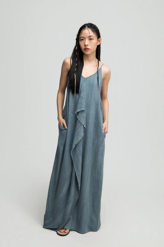 Front Drape Raw Hem Cami Dress (Tie Dye Teal)