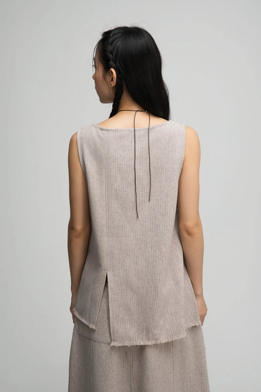 Raw Hem Skewed Button-Up Tank Top (Dark Beige) - BEV C multi label store