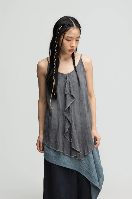 Front Drape Raw Hem Cami Top (Tie Dye Grey) - BEV C multi label store