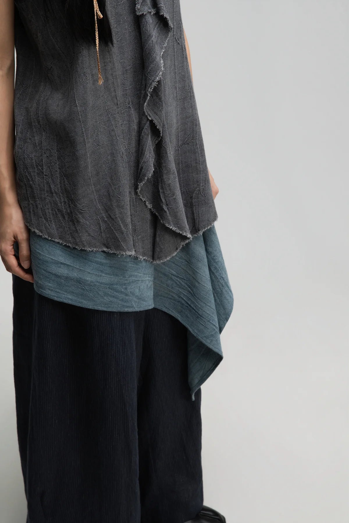 Front Drape Raw Hem Cami Top (Tie Dye Grey)