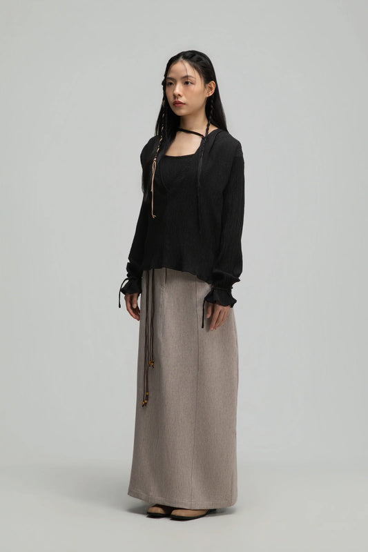 Deep V-Neck Blouse + Cami Top Set (Black)