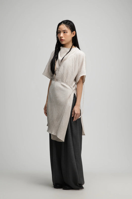 High Neck Wrap Longline Top (Beige)