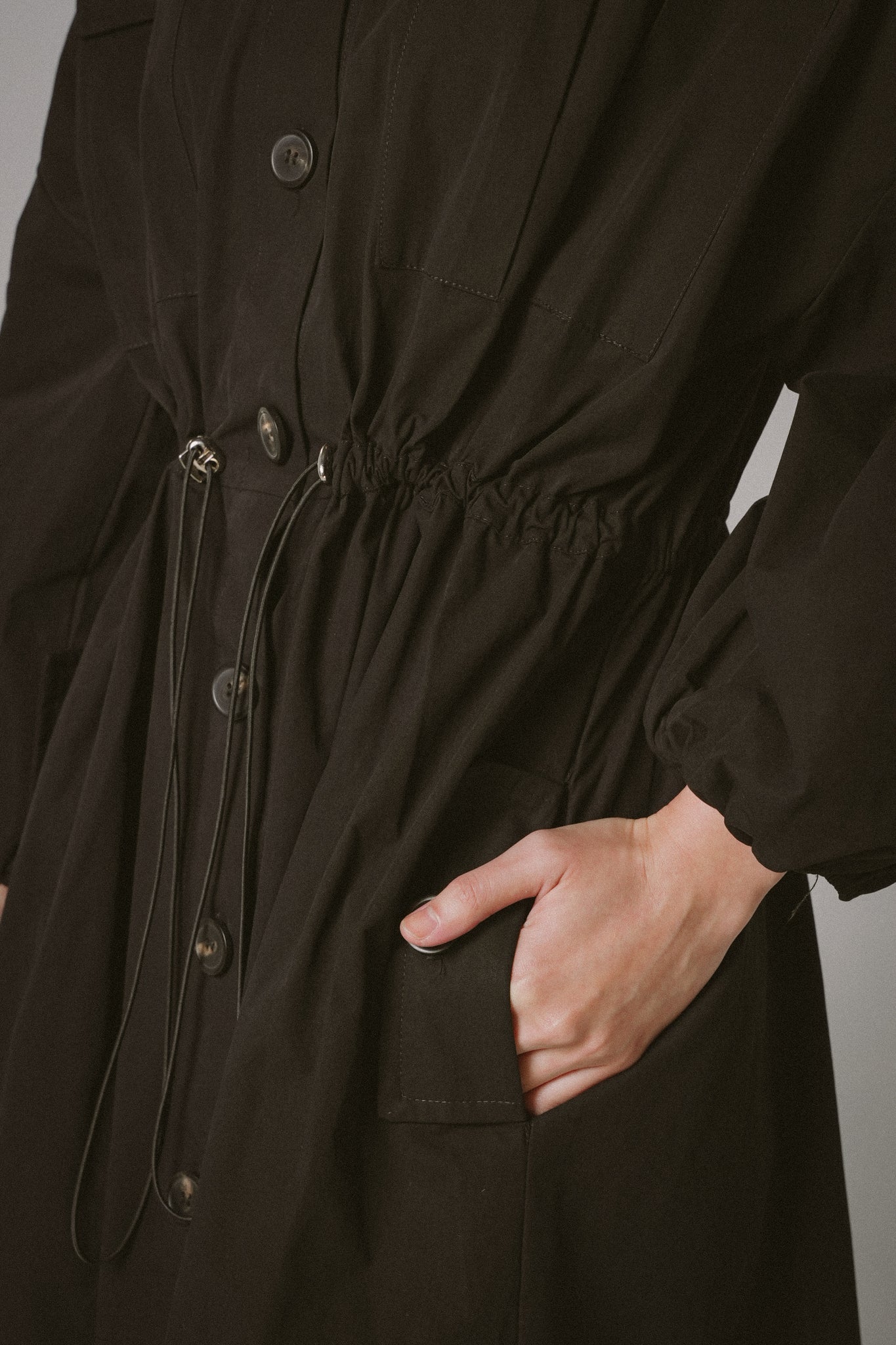 Drawstring Trench Cotton Dress -  BLACK