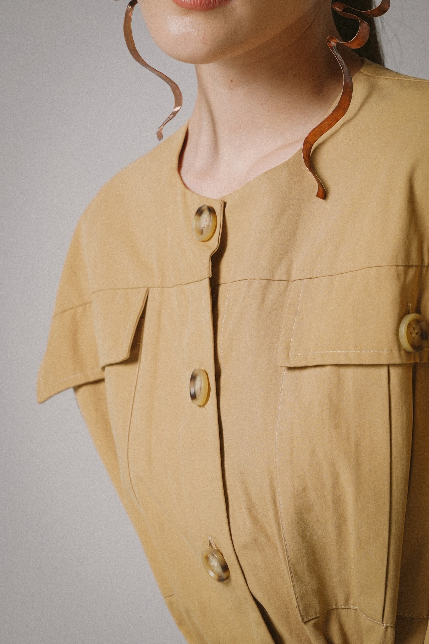 Drawstring Trench Cotton Dress -  KHAKI