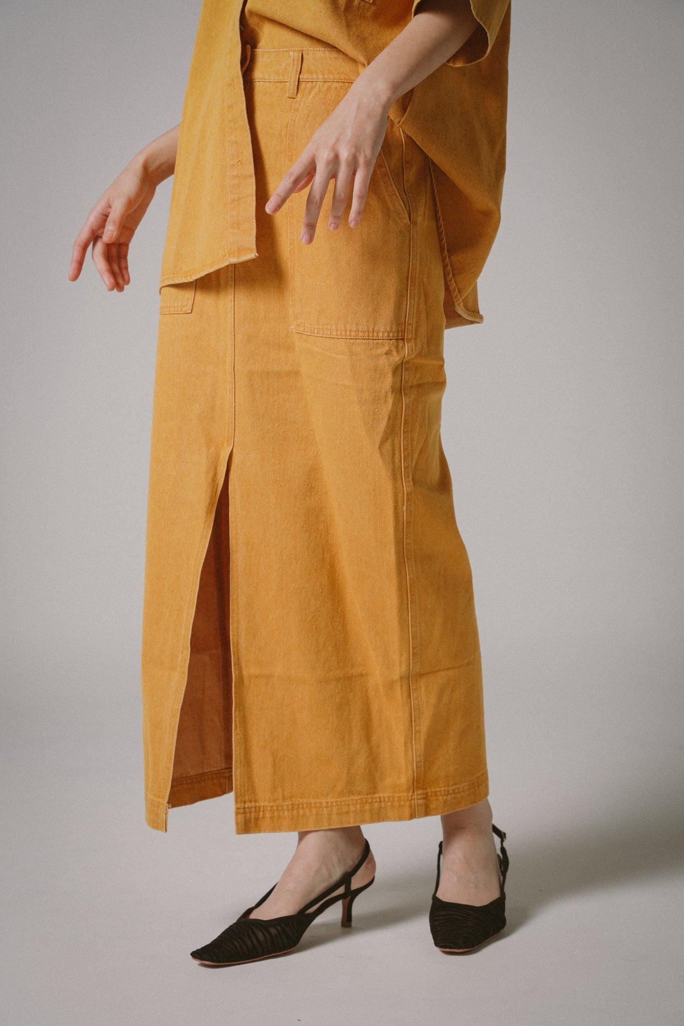 Front-Slit Denim Midi Skirts (Orange)