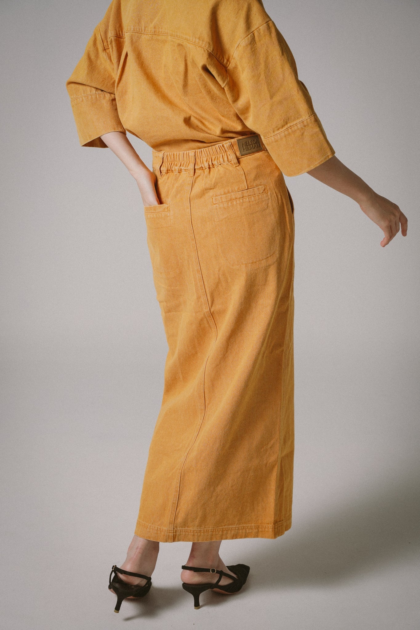 Front-Slit Denim Midi Skirts (Orange)