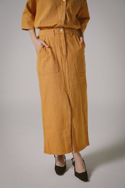 Front-Slit Denim Midi Skirts (Orange)