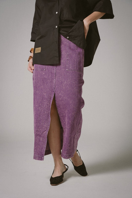 Front-Slit Denim Midi Skirts (Purple)