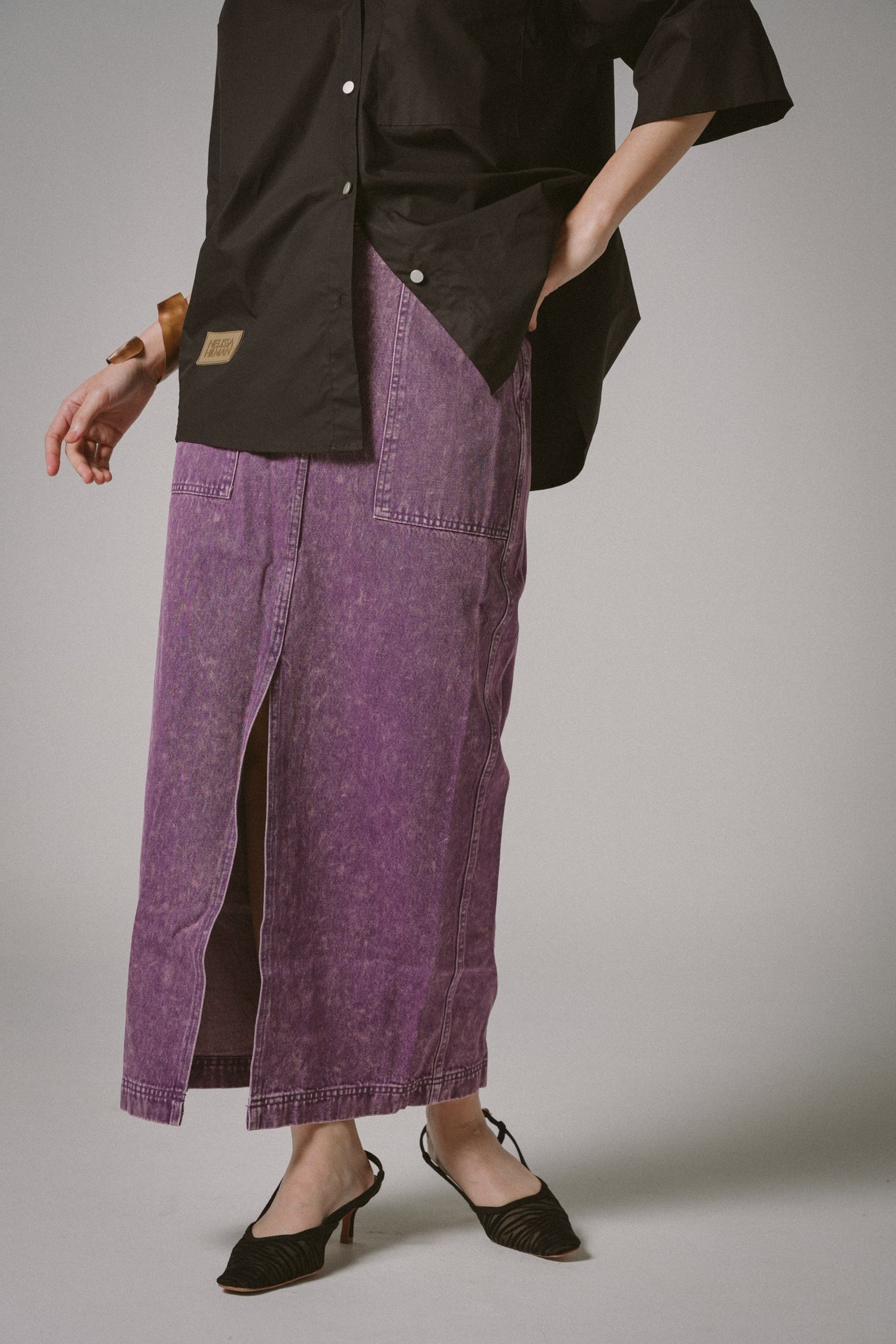 Front-Slit Denim Midi Skirts (Purple)
