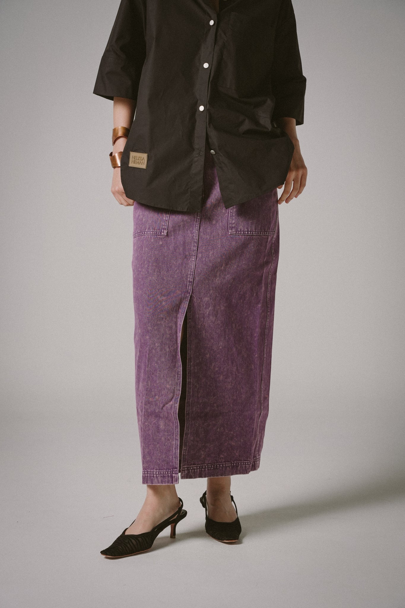Front-Slit Denim Midi Skirts (Purple)