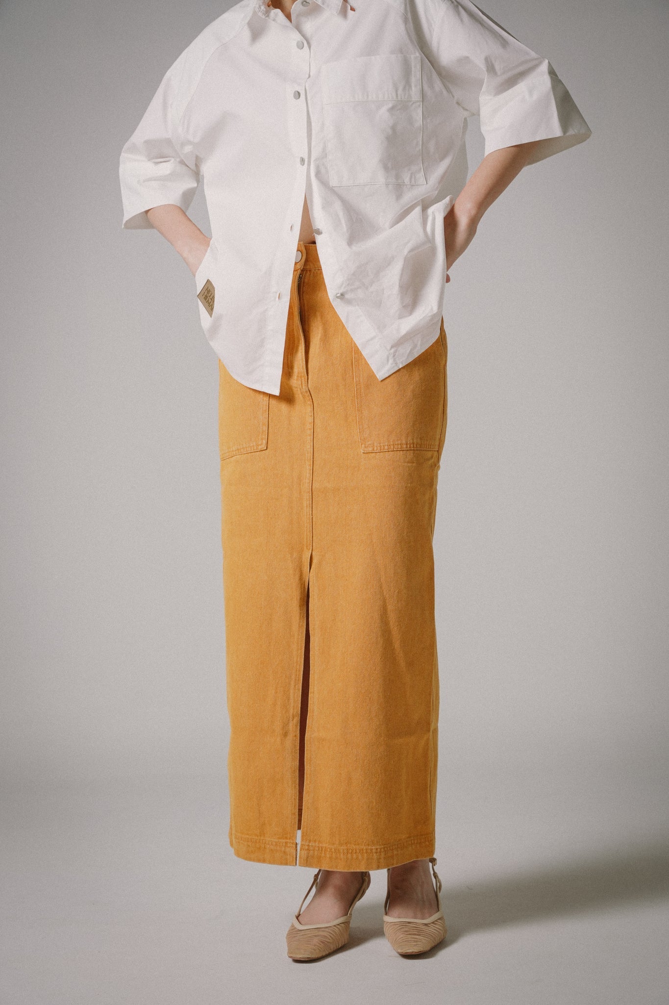 Front-Slit Denim Midi Skirts (Orange)