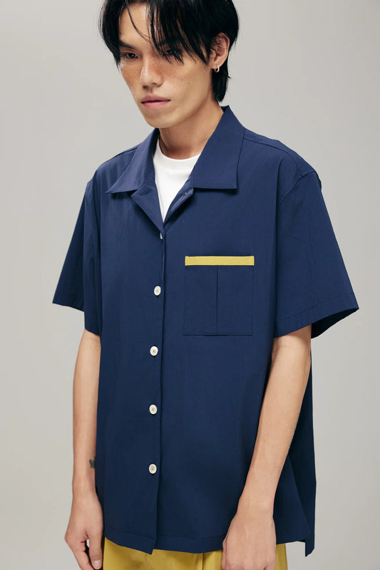 ORIME CAMP-COLLAR SHIRT IN NAVY & LIME