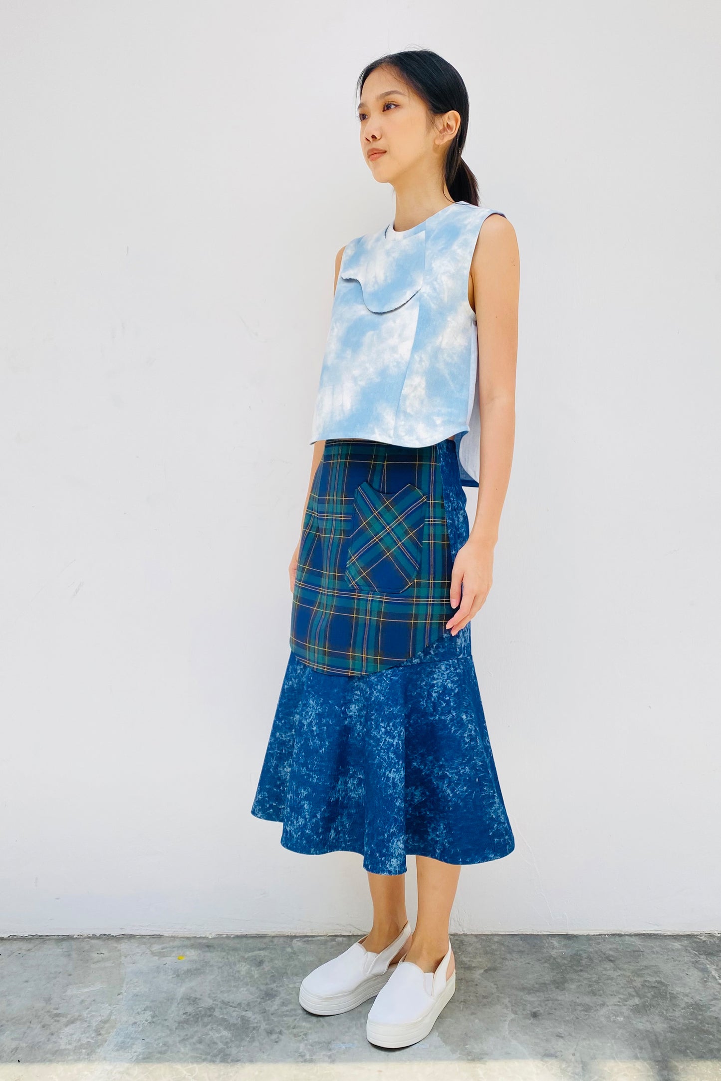 S18 SK03 || GROCERY BASKET PEPLUM DENIM SKIRT