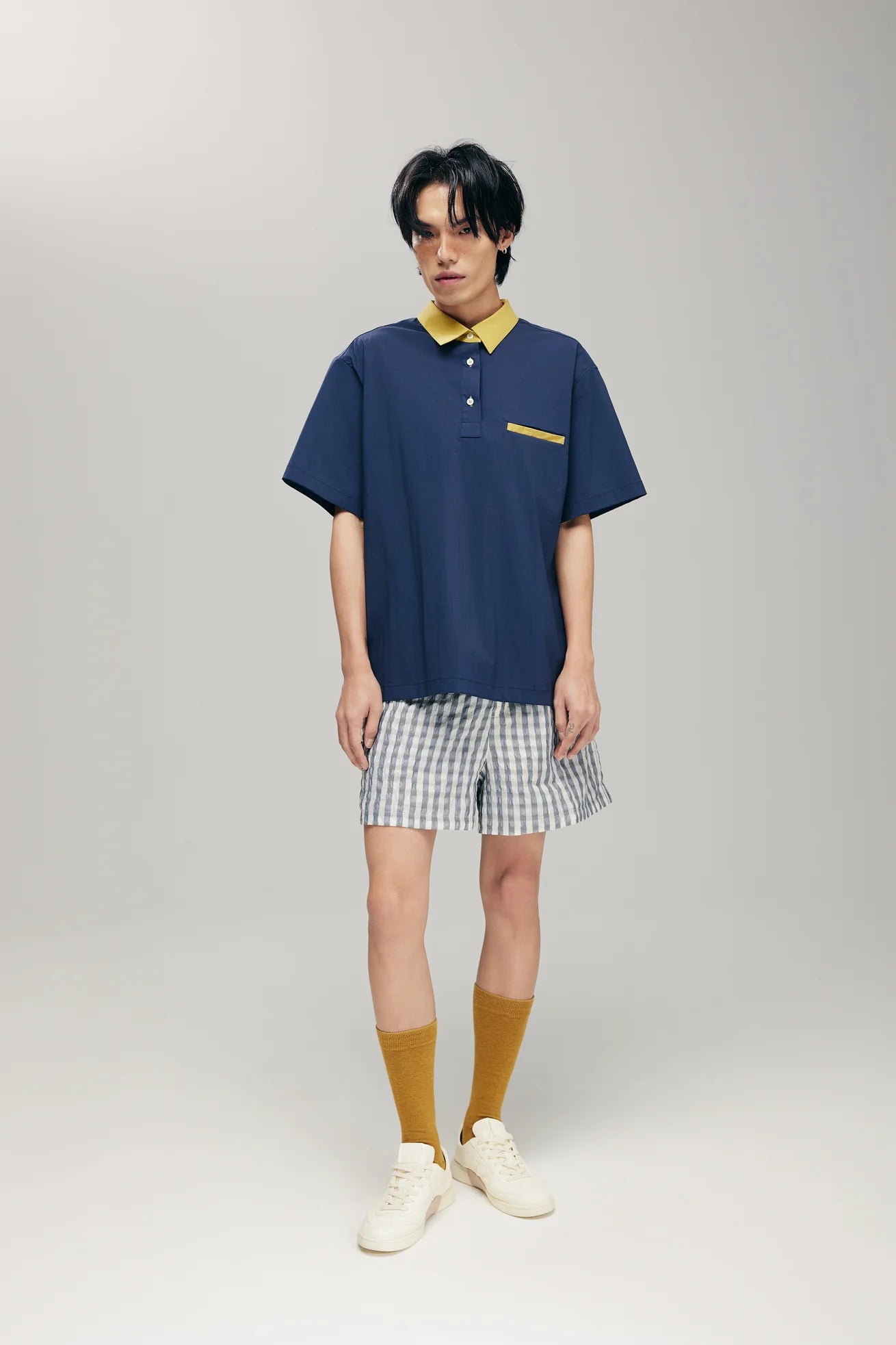 SENSU HALF-PLACKET SHIRT IN NAVY & LIME