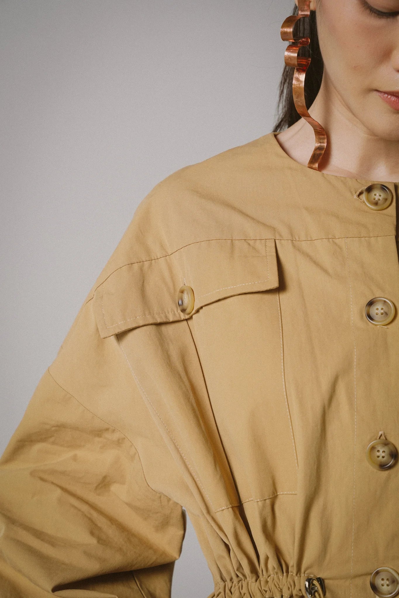 Drawstring Trench Cotton Dress -  KHAKI