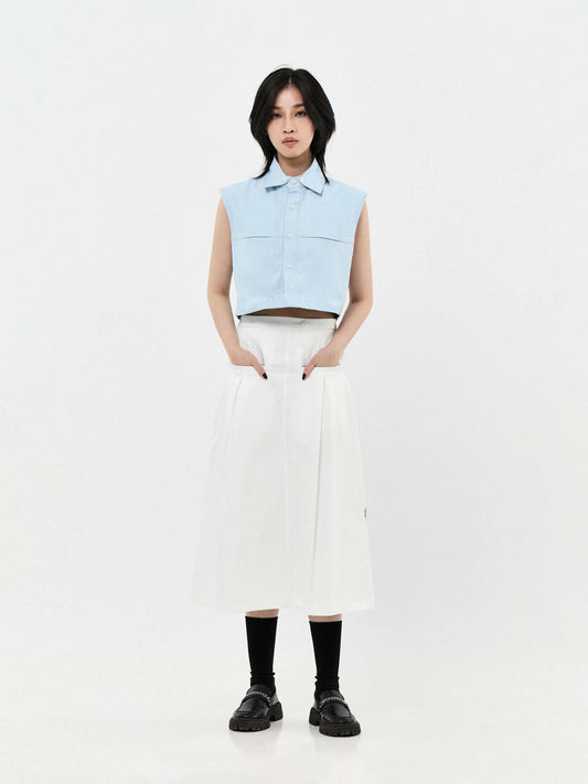 MA-NY WAYS BOX PLEATED MIDI SKIRT | WHITE