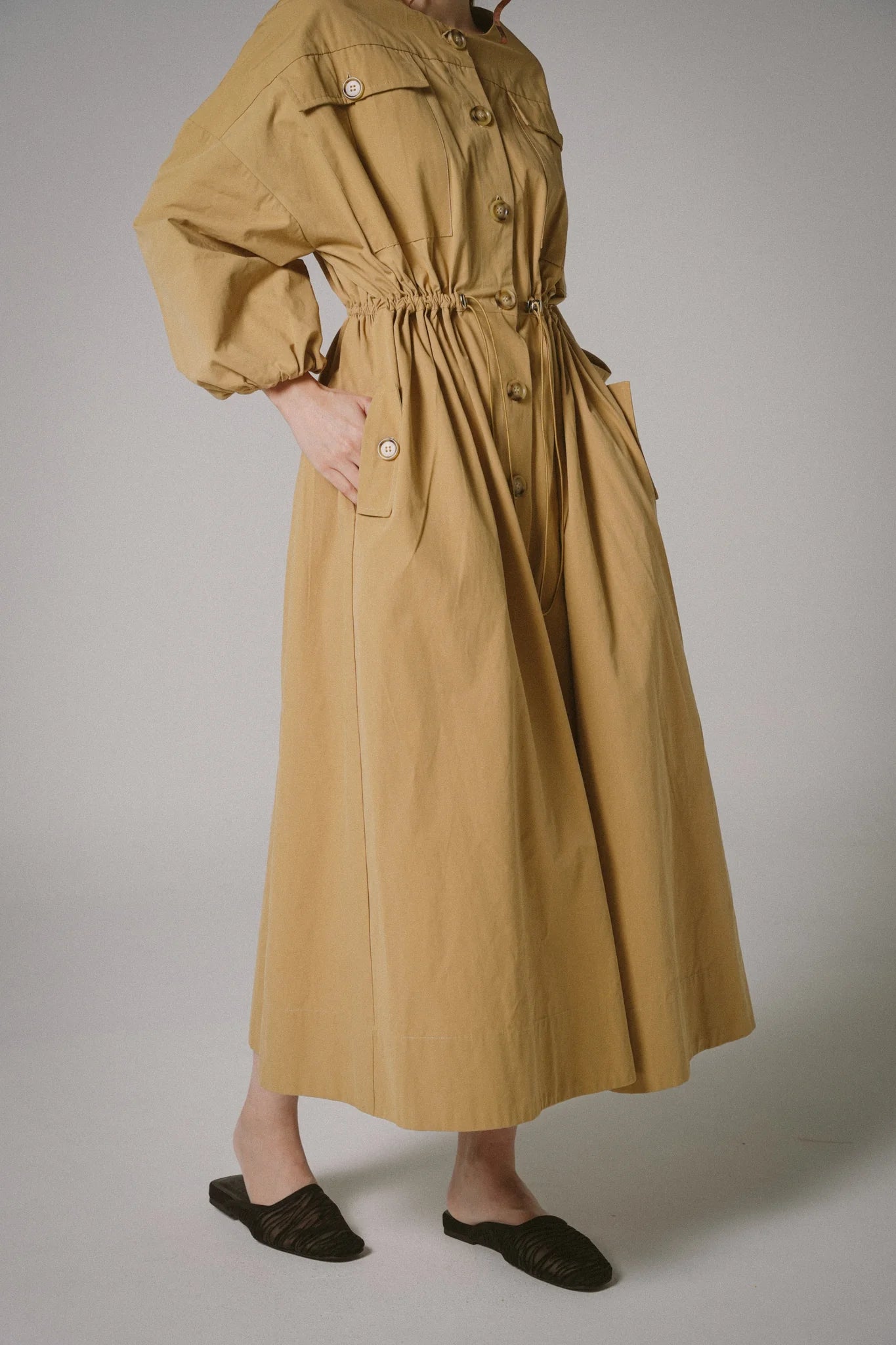 Drawstring Trench Cotton Dress -  KHAKI