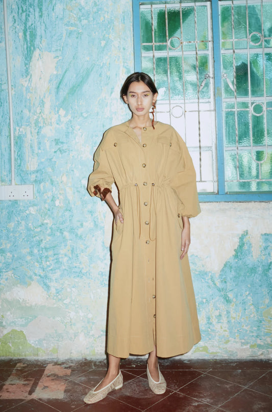 Drawstring Trench Cotton Dress -  KHAKI