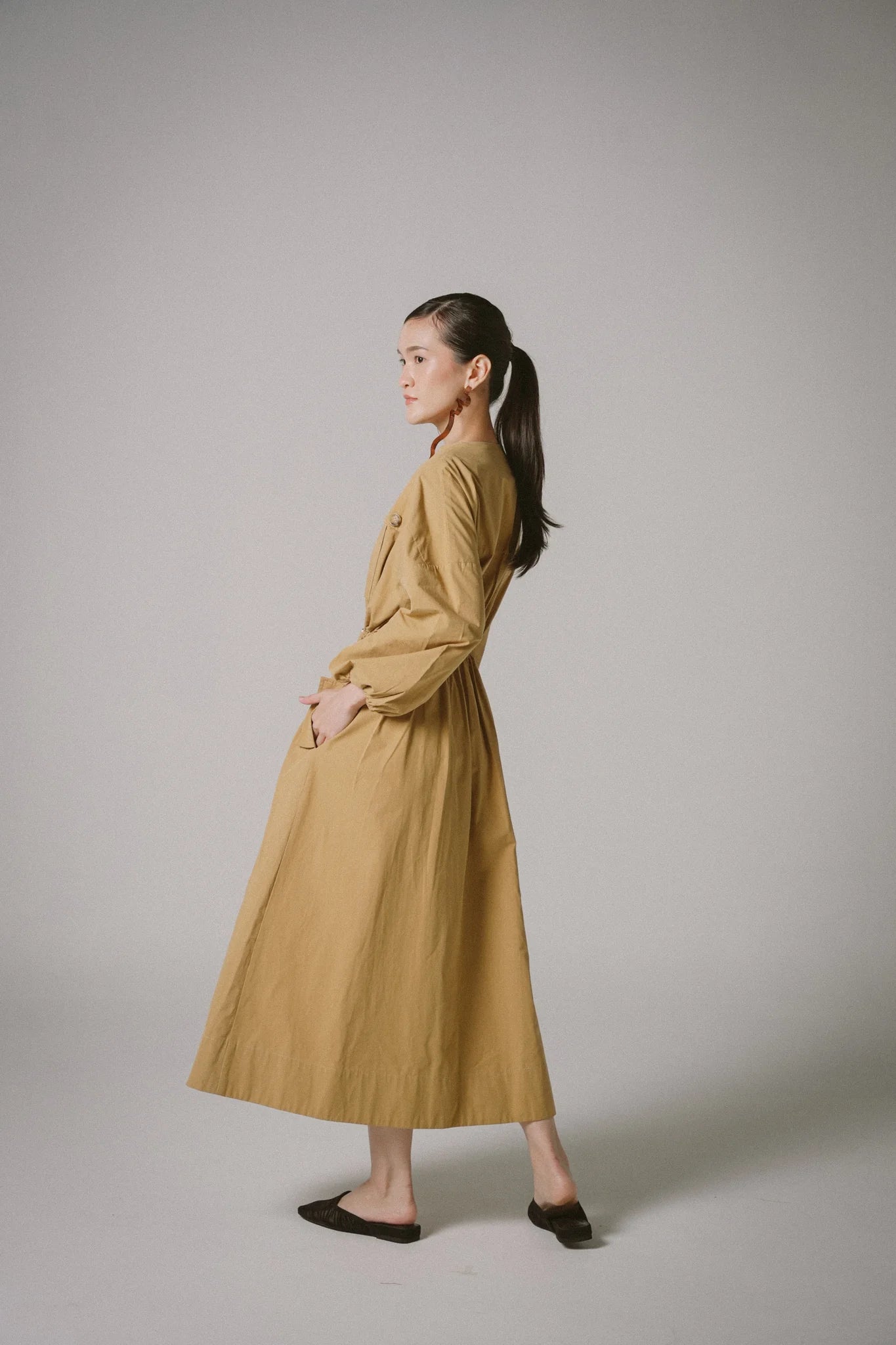 Drawstring Trench Cotton Dress -  KHAKI