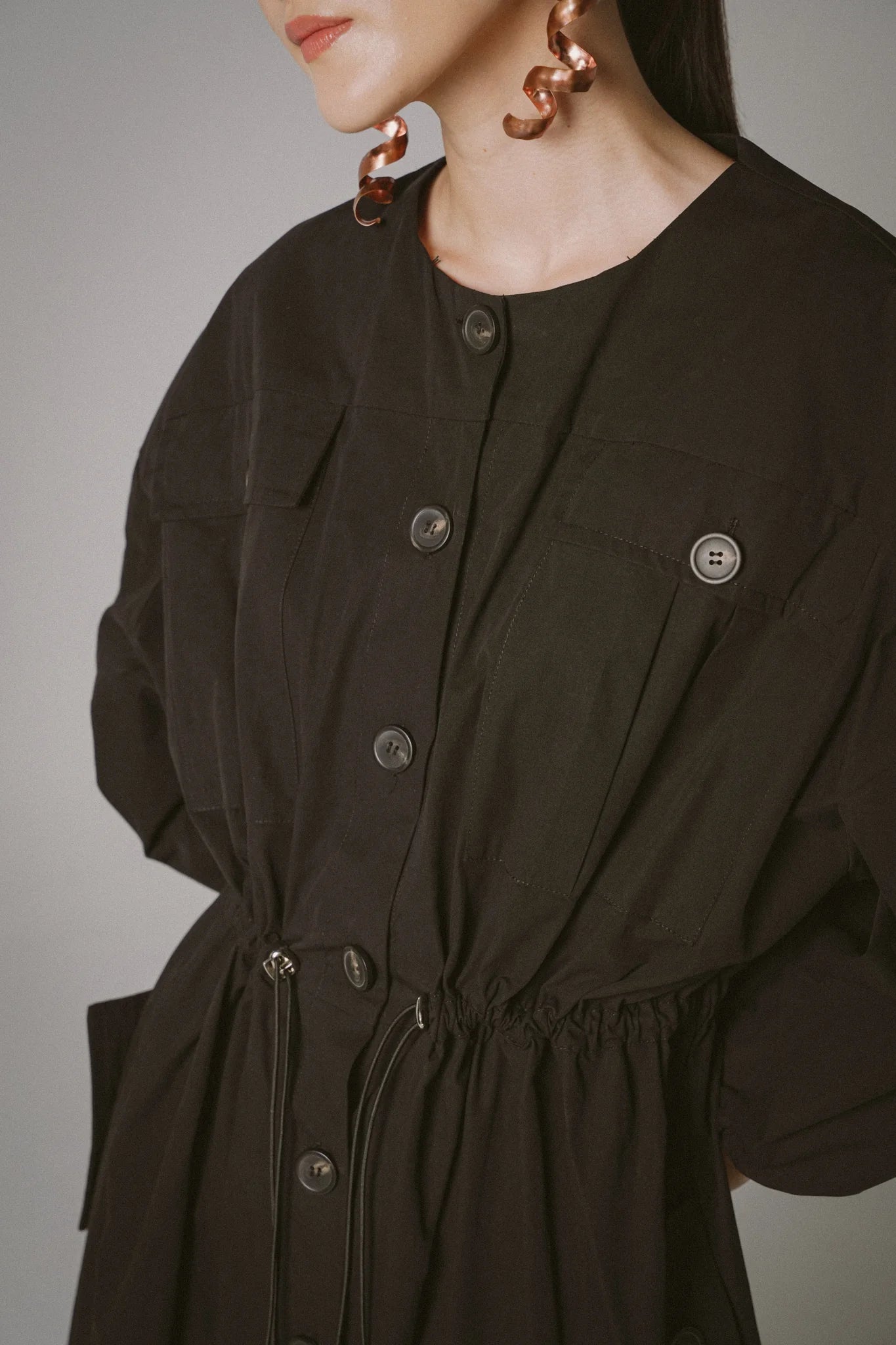 Drawstring Trench Cotton Dress -  BLACK